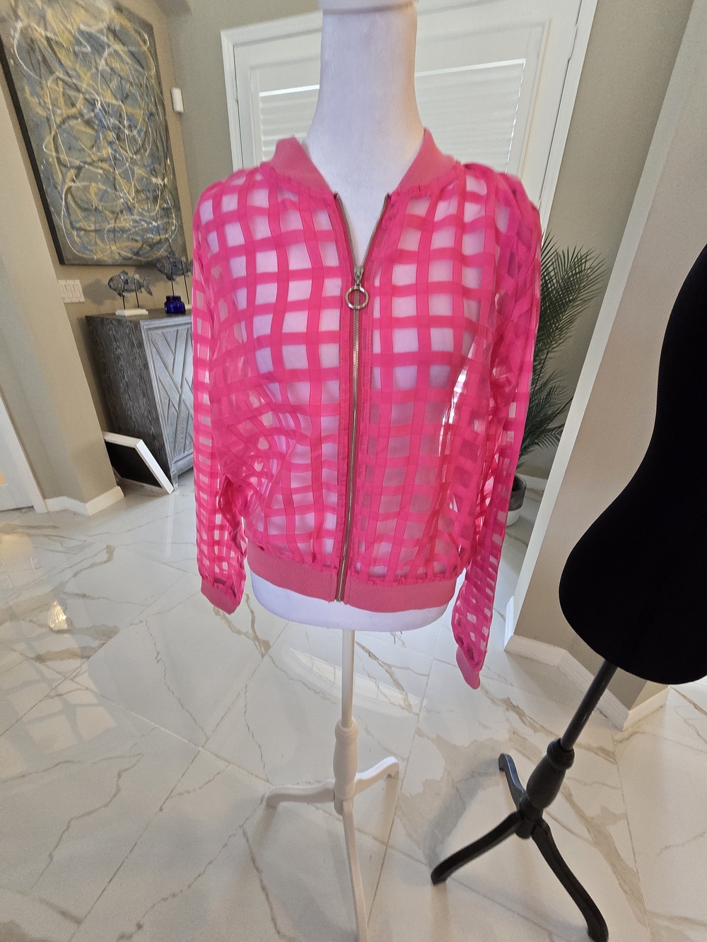 Sheer Pink Grid Zip Bomber Jacket - Women